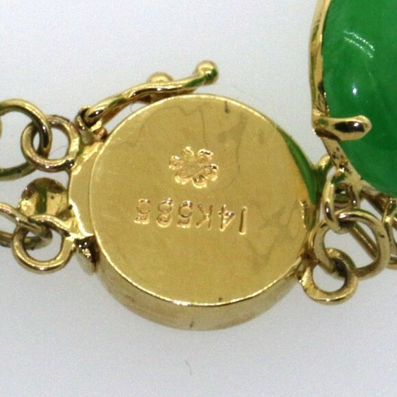 Asian 14k yellow gold 10mm green jade link bracelet - Picture 4 of 5
